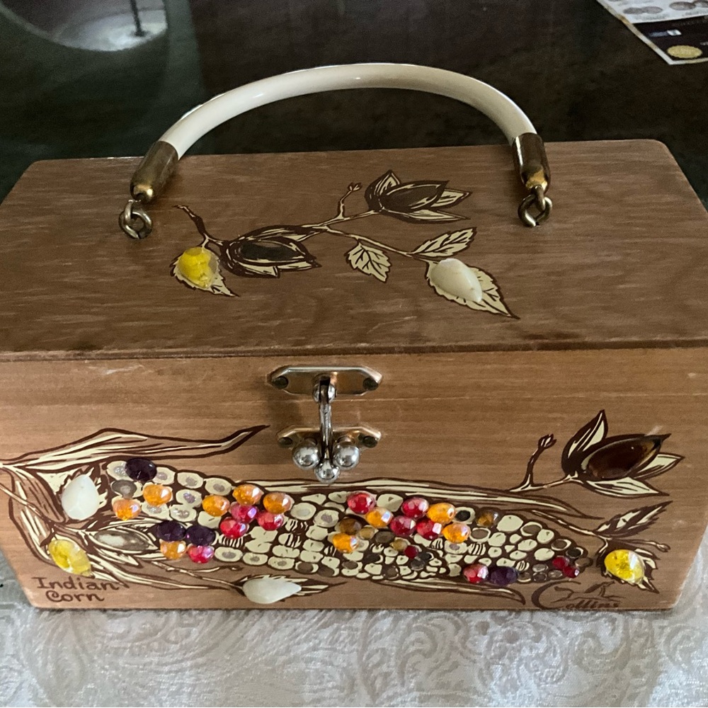 Vintage Enid Collins Texas Indian Corn Wood Box Purse Signed Mirror Inside - Picture 15 of 16